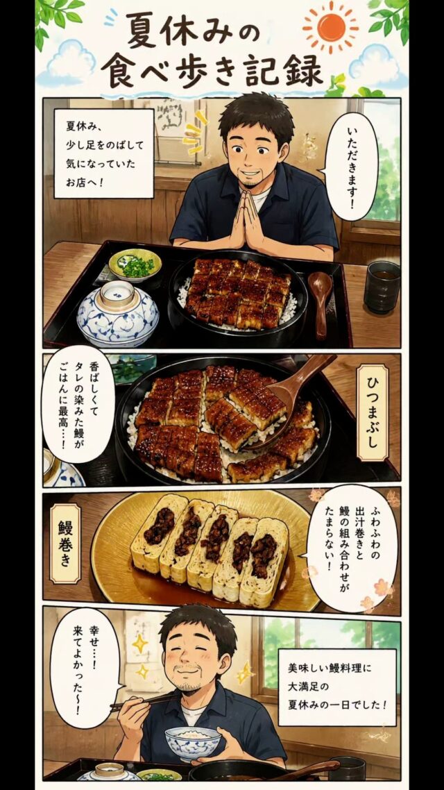 Oさんの夏休みの食べ歩き記録(^^)/
#オカベカミコン
#カミコン
#カミコンのある生活
#ひつまぶし 
#鰻巻き
#うなぎ